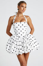 Women's Polka Dot Puffball Mini Dress with Halter Neck - 2