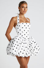 Women's Polka Dot Puffball Mini Dress with Halter Neck - 3