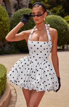 Women's Polka Dot Puffball Mini Dress with Halter Neck - 4