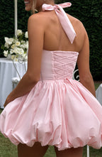 Women's Halterneck Puffball Mini Dress with Fitted Bodice - 9