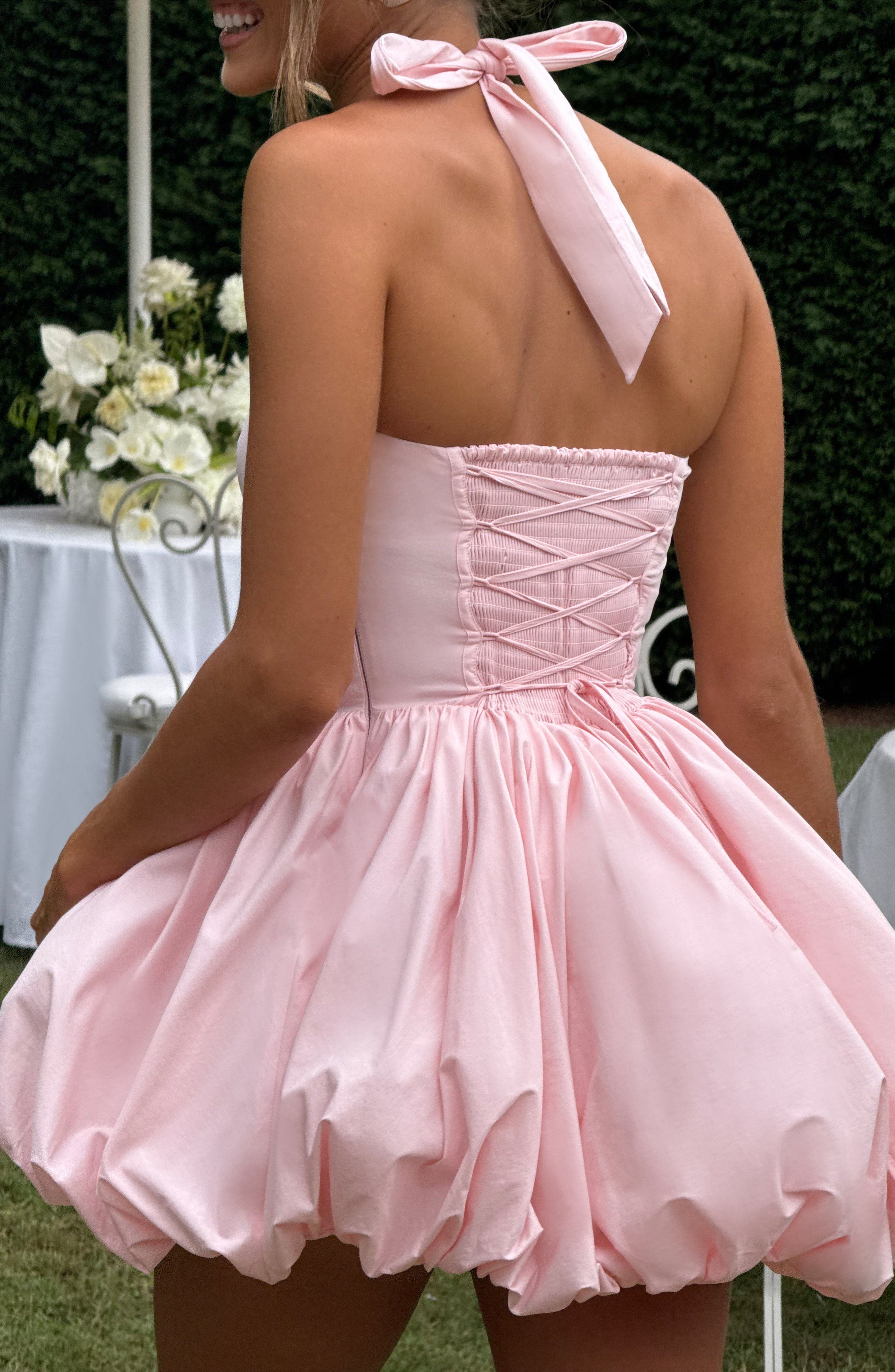 Women's Halterneck Puffball Mini Dress with Fitted Bodice - 9