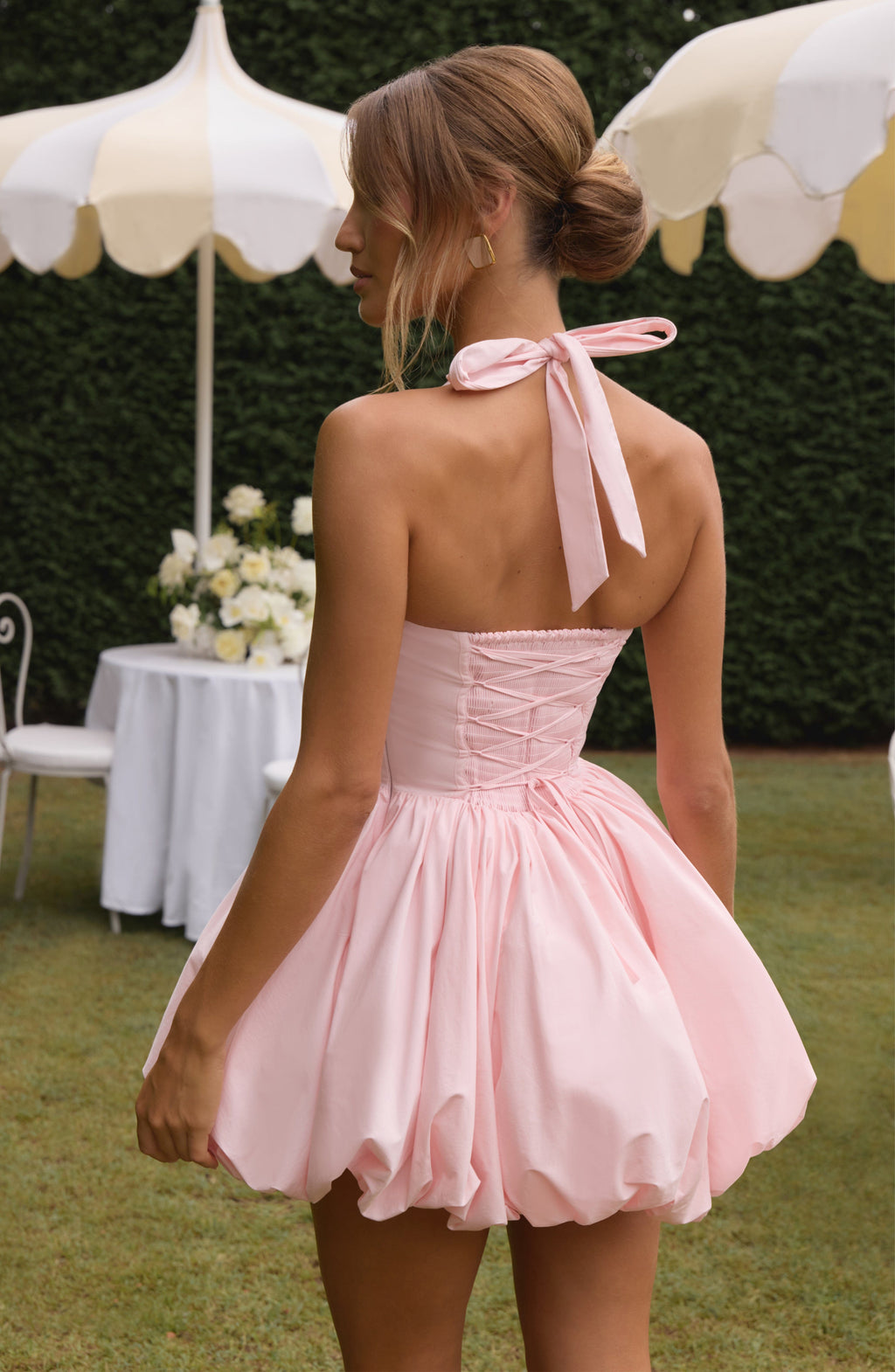 Women's Halterneck Puffball Mini Dress with Fitted Bodice - 5
