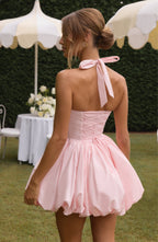 Women's Halterneck Puffball Mini Dress with Fitted Bodice - 5