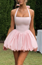 Women's Halterneck Puffball Mini Dress with Fitted Bodice - 11