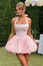 Women's Halterneck Puffball Mini Dress with Fitted Bodice - 4