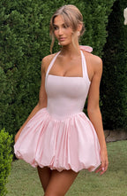 Women's Halterneck Puffball Mini Dress with Fitted Bodice - 8