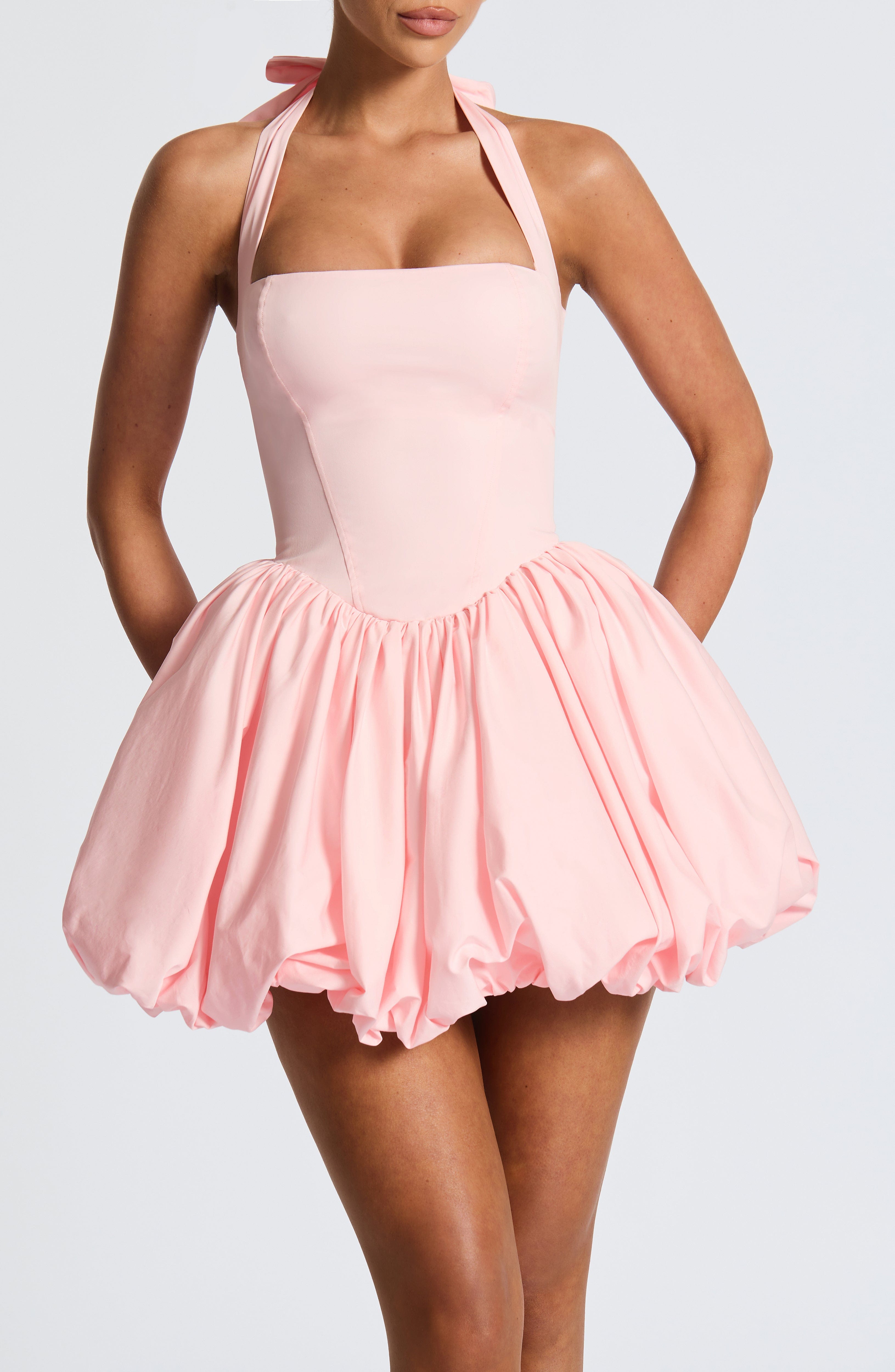 Women's Halterneck Puffball Mini Dress with Fitted Bodice - 13