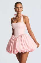Women's Halterneck Puffball Mini Dress with Fitted Bodice - 3