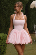 Women's Halterneck Puffball Mini Dress with Fitted Bodice - 7