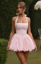 Women's Halterneck Puffball Mini Dress with Fitted Bodice - 7