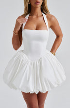 Women's Halterneck Puffball Mini Dress with Fitted Bodice - 3