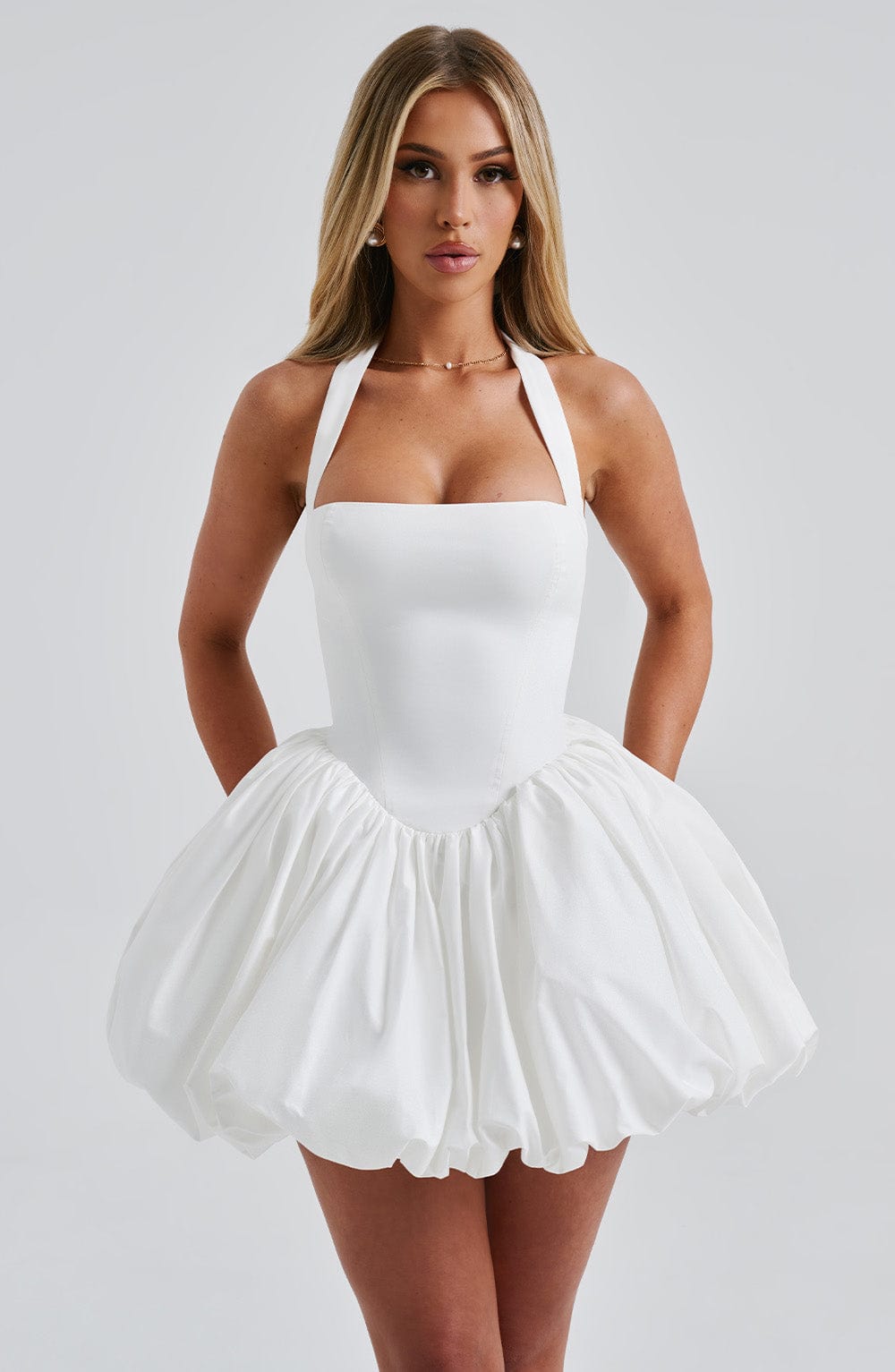 Women's Halterneck Puffball Mini Dress with Fitted Bodice - 11
