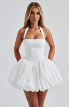 Women's Halterneck Puffball Mini Dress with Fitted Bodice - 11