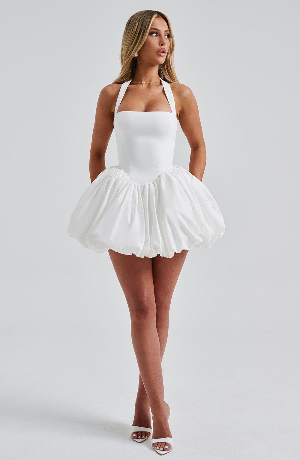 Women's Halterneck Puffball Mini Dress with Fitted Bodice - 10