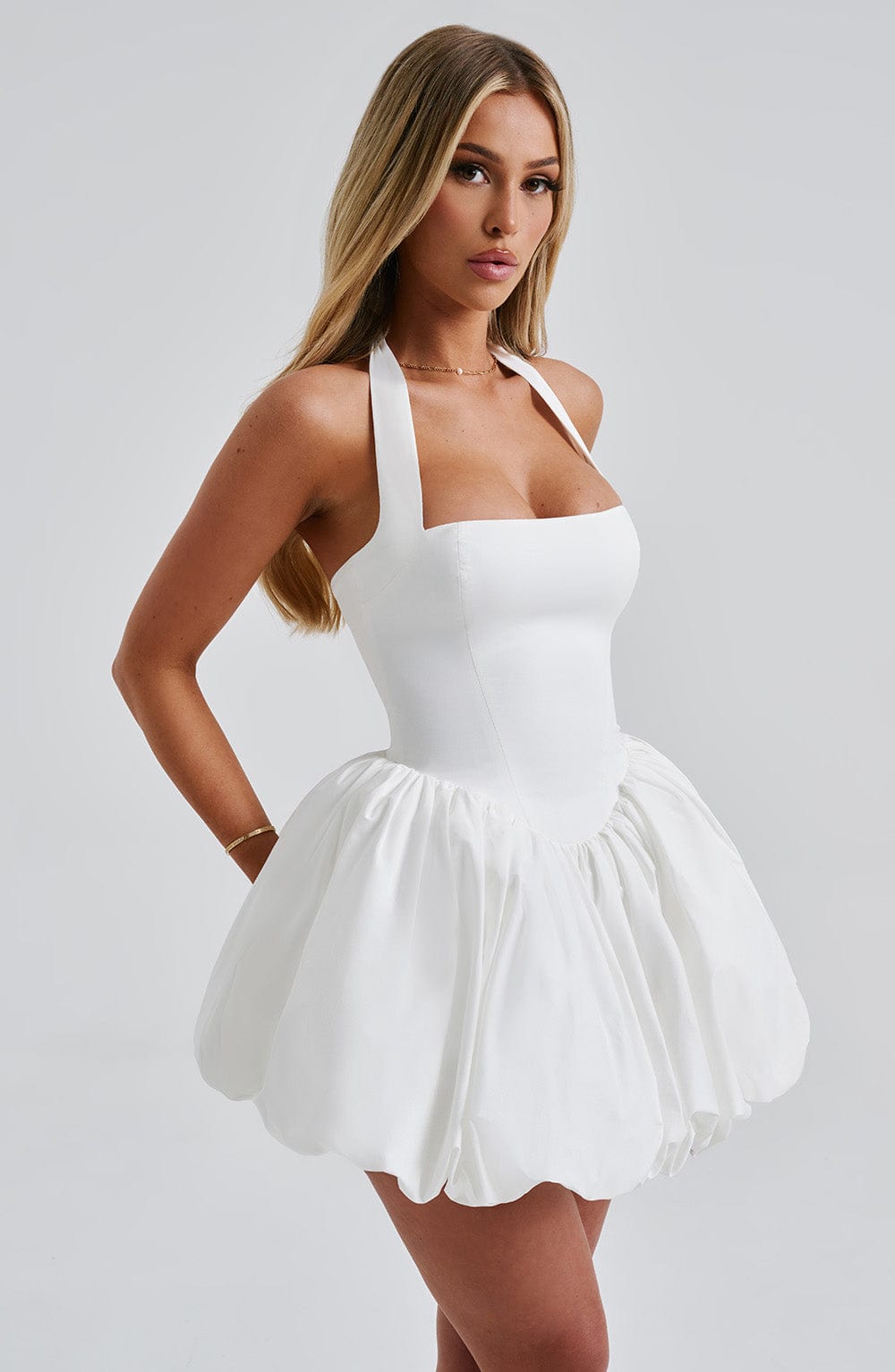 Women's Halterneck Puffball Mini Dress with Fitted Bodice - 12