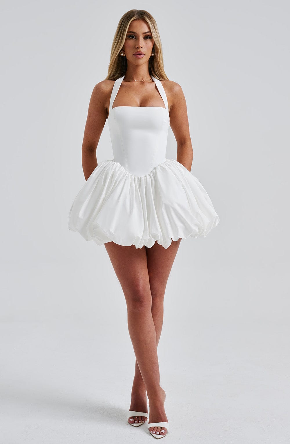 Women's Halterneck Puffball Mini Dress with Fitted Bodice - 2