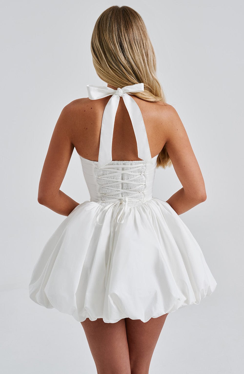 Women's Halterneck Puffball Mini Dress with Fitted Bodice - 9
