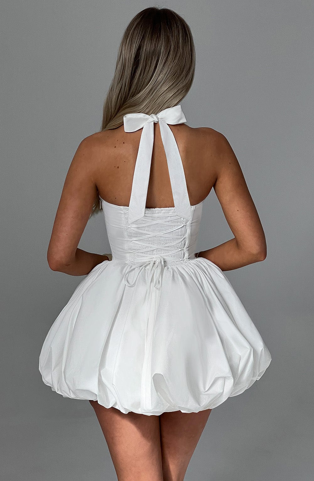 Women's Halterneck Puffball Mini Dress with Fitted Bodice - 5