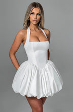 Women's Halterneck Puffball Mini Dress with Fitted Bodice - 4