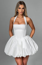 Women's Halterneck Puffball Mini Dress with Fitted Bodice - 13
