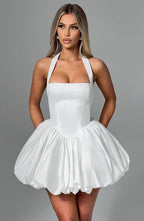 Women's Halterneck Puffball Mini Dress with Fitted Bodice - 6