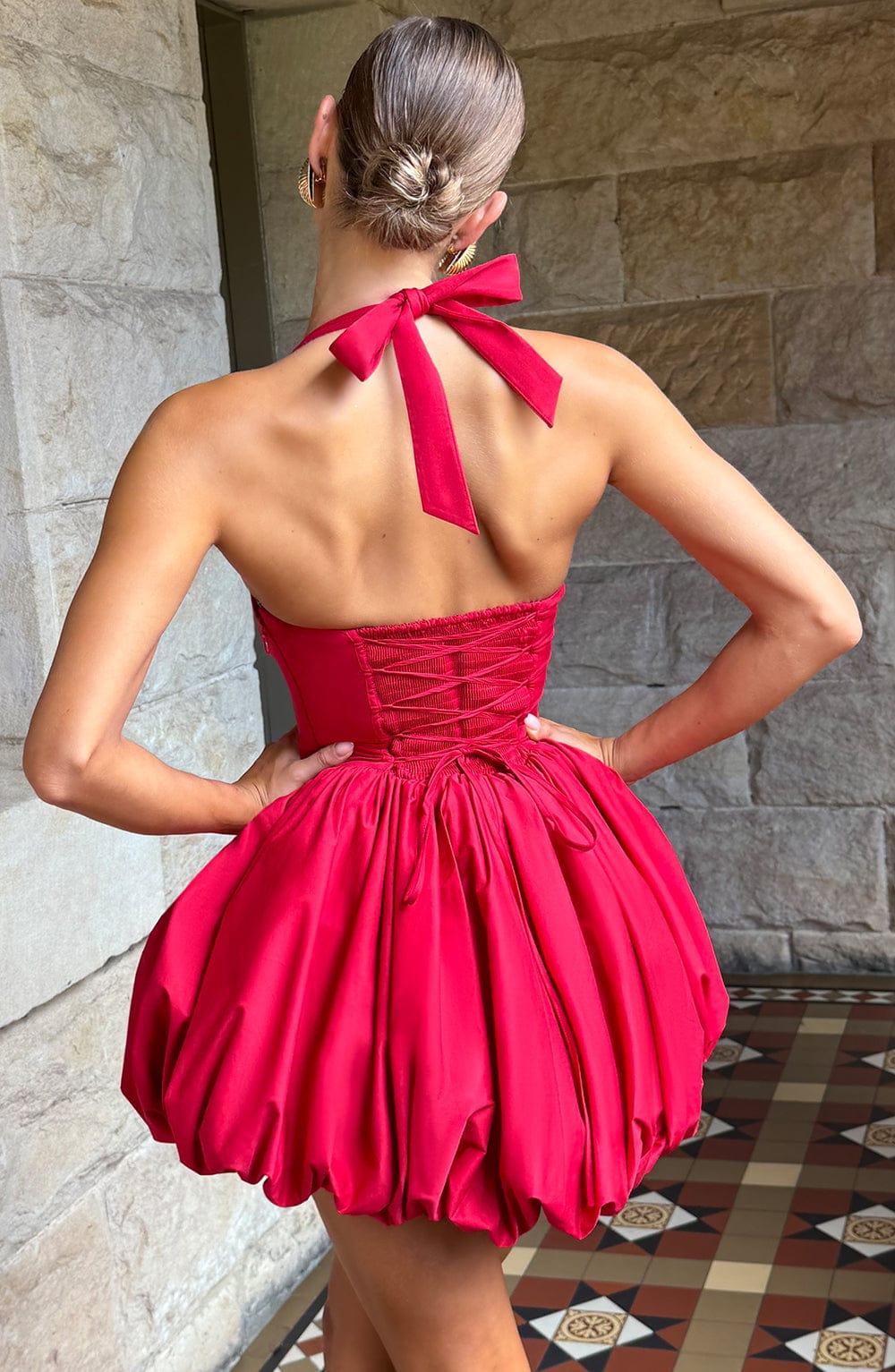 Women's Halterneck Mini Dress with Puffball Skirt - 5