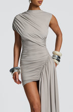 Women's Ruched Bodycon Mini Dress with Asymmetric Train - 7