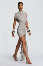 Women's Ruched Bodycon Mini Dress with Asymmetric Train - 3