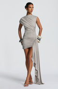 Women's Ruched Bodycon Mini Dress with Asymmetric Train - 2