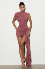 Women's Bodycon Mini Dress with Draped Asymmetric Train - 7