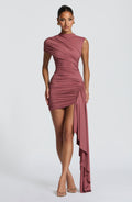Women's Bodycon Mini Dress with Draped Asymmetric Train - 2