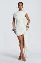 Women's Bodycon Mini Dress with Draped Asymmetric Train - 7