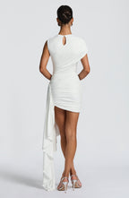 Women's Bodycon Mini Dress with Draped Asymmetric Train - 5