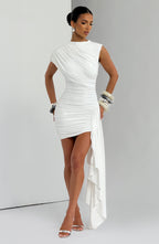 Women's Bodycon Mini Dress with Draped Asymmetric Train - 4