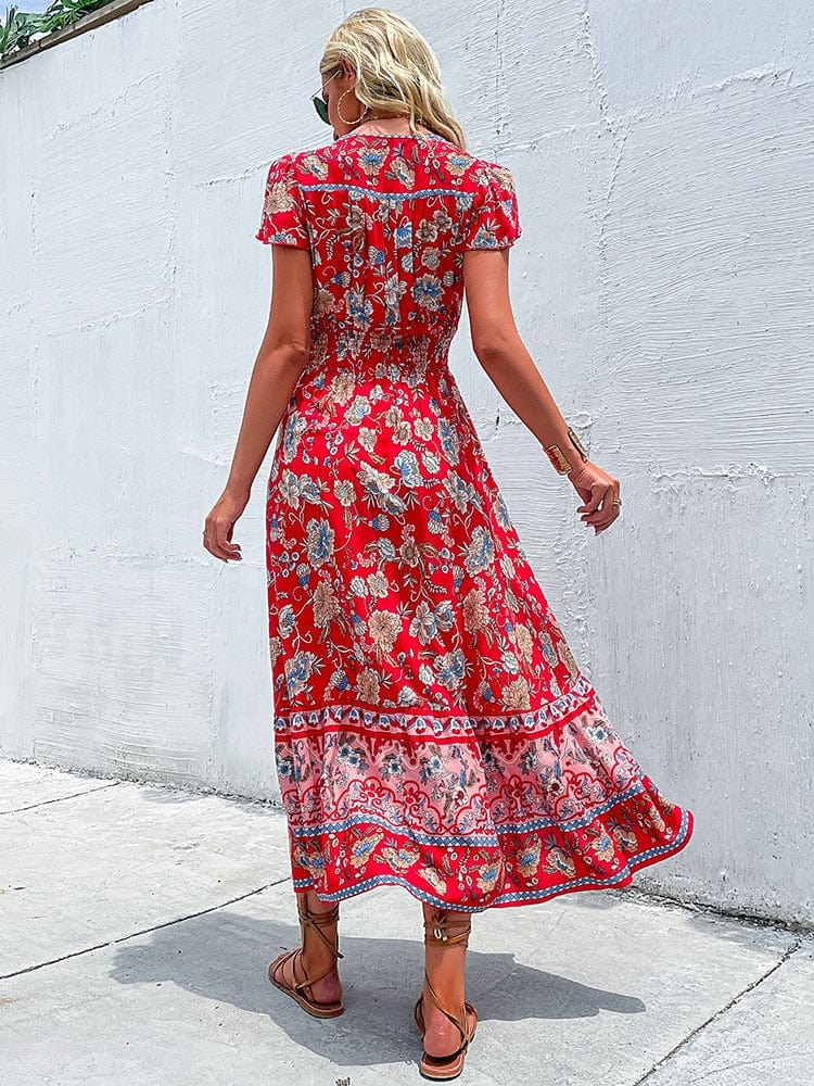 Women's Maxi Dress with V-Neck and Floral Print - 2