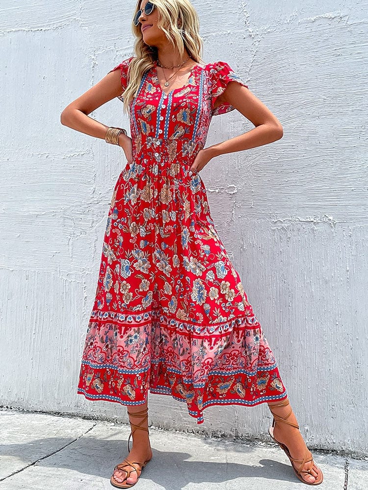 Women's Maxi Dress with V-Neck and Floral Print - 3