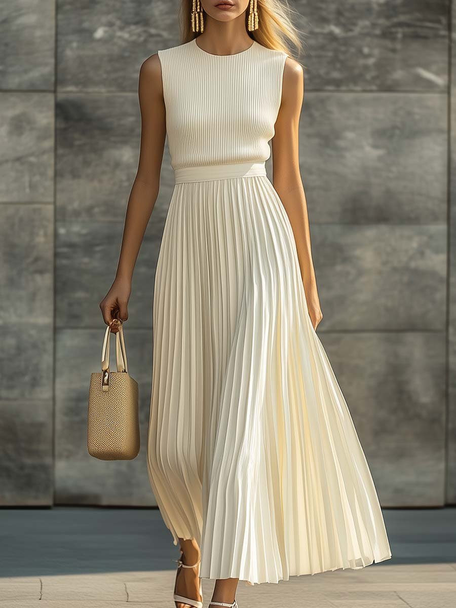 Sophia | Maxi Dress Sleeveless Knit Pleated Chiffon - Cream