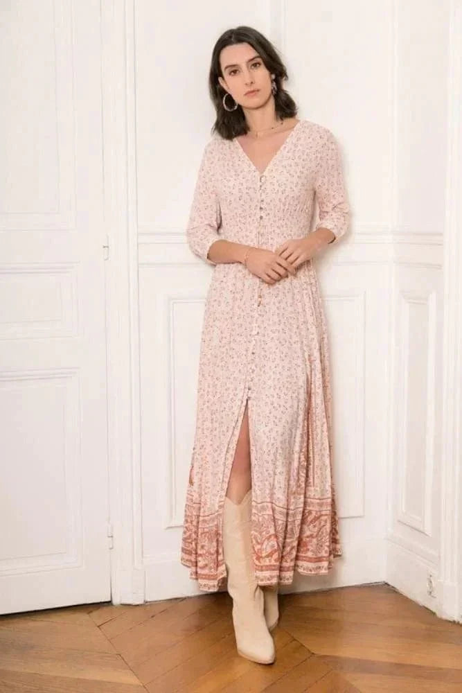 Women's Maxi Dress Three-Quarter Sleeve with V-Neck and Button Front - 2