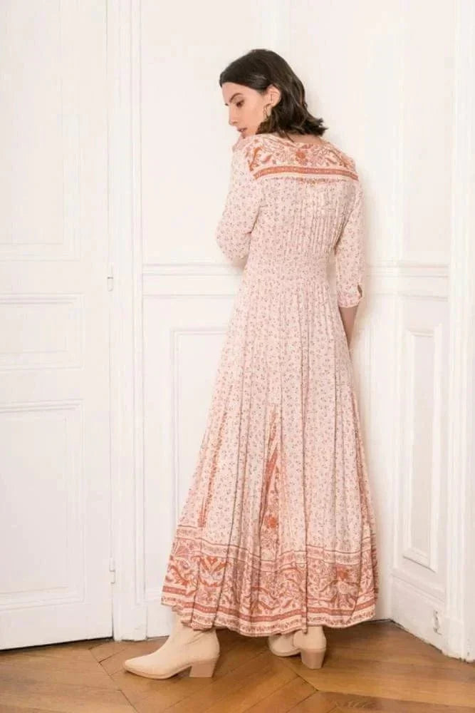 Women's Maxi Dress Three-Quarter Sleeve with V-Neck and Button Front - 3