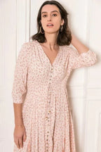 Women's Maxi Dress Three-Quarter Sleeve with V-Neck and Button Front - 4