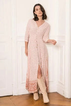 Women's Maxi Dress Three-Quarter Sleeve with V-Neck and Button Front - 5