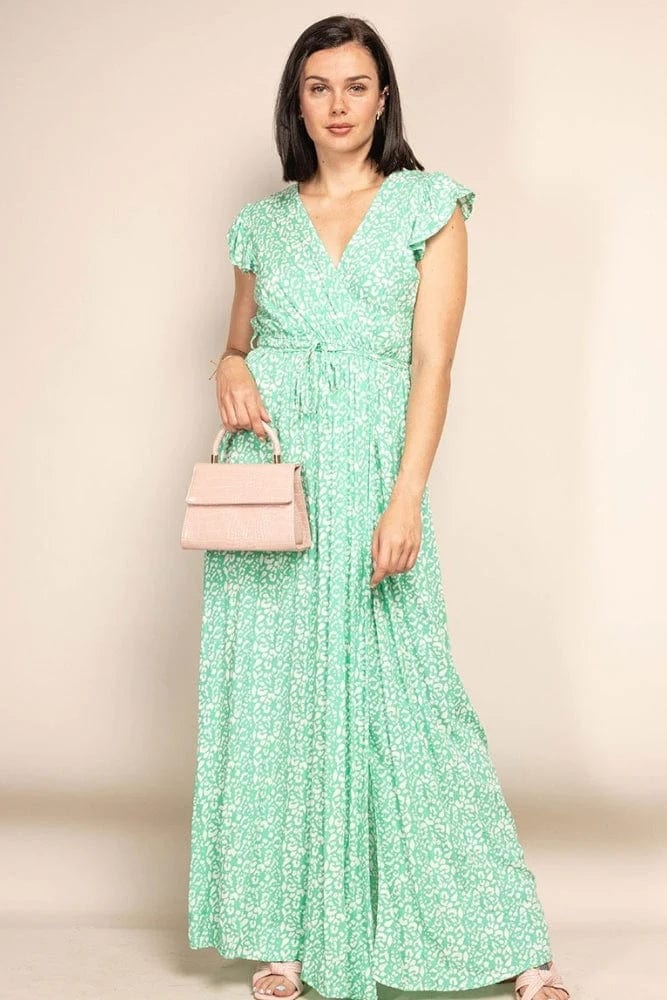 Women's Maxi Dress with Wrap Neckline and Flutter Sleeves - 2