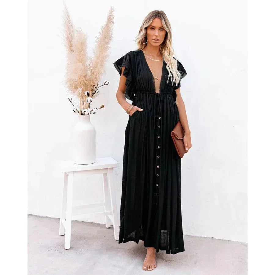 Women's Maxi Dress with V-Neck and Ruffle Sleeves - 2
