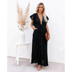 Women's Maxi Dress with V-Neck and Ruffle Sleeves - 2