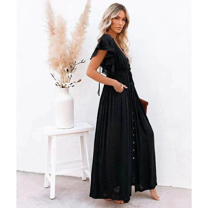 Women's Maxi Dress with V-Neck and Ruffle Sleeves - 3