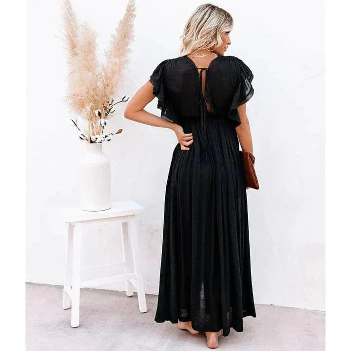 Women's Maxi Dress with V-Neck and Ruffle Sleeves - 5