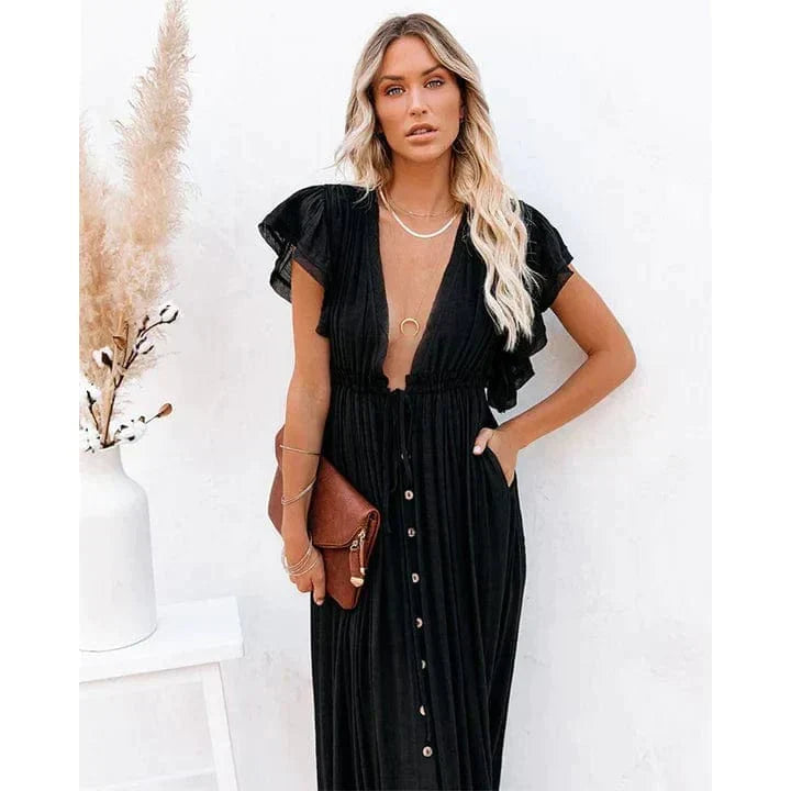 Women's Maxi Dress with V-Neck and Ruffle Sleeves - 4