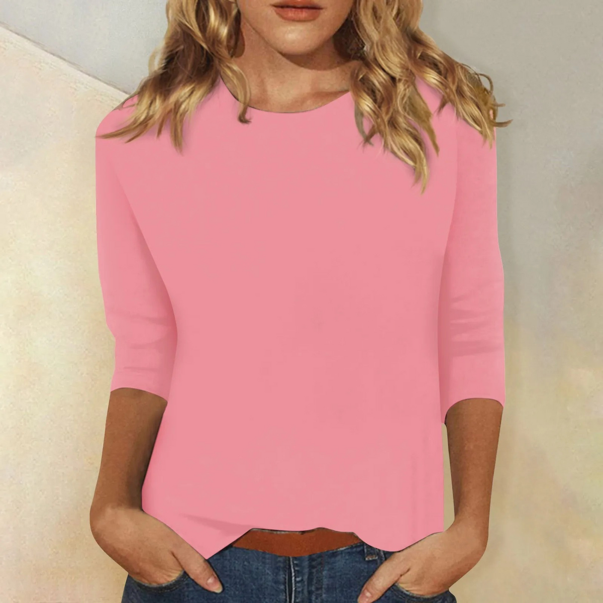 Women's Long Sleeve Top with Round Neck - Pink