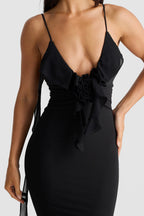 Women's Lace Midi Dress with Open Back and Draped Ruching - 4