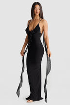 Women's Lace Midi Dress with Open Back and Draped Ruching - 5